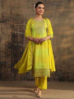 Libas - Lime Green Bandhani Printed Straight Kurta with Pant with Dupatta