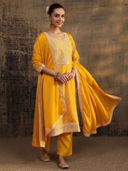 Libas - Mustard Bandhani Printed Straight Kurta with Pant with Dupatta