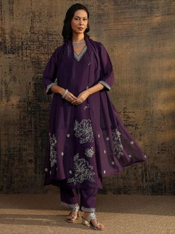 Libas Art - Burgundy Beads Embellished Panelled Kurta with Pant and Dupatta