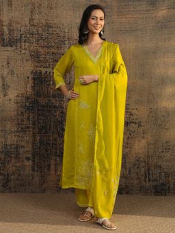 Libas Art - Mustard Beads Embellished Panelled Kurta with Lining with Solid Pant and Dupatta