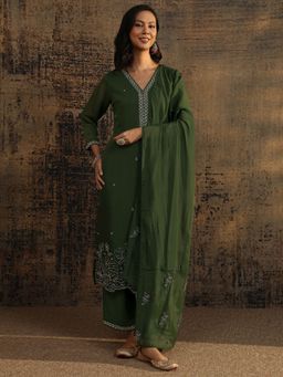 Libas Art - Green Beads Embellished Straight Kurta with Lining with Solid Pant and Dupatta