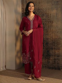 Libas Art - Red Beads Embellished Straight Kurta with Lining with Solid Pant and Dupatta