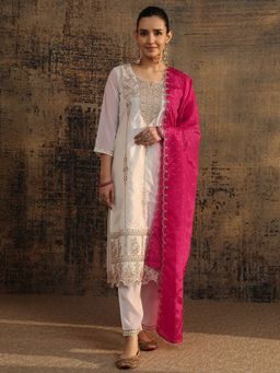 Libas Art - White Floral Embellished Straight Kurta with Pant & Dupatta