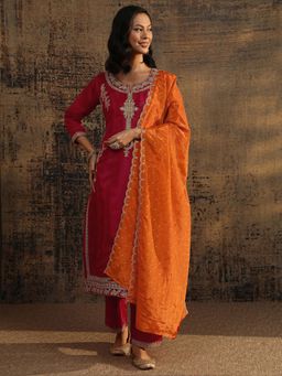 Libas Art - Red Floral Embellished Straight Kurta with Pant & Dupatta