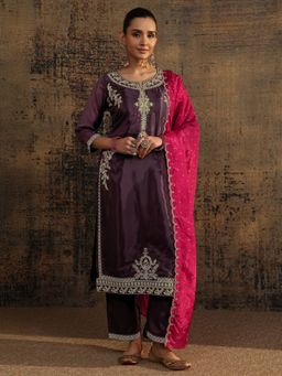Libas Art - Burgundy Floral Embellished Straight Kurta with Pant & Dupatta