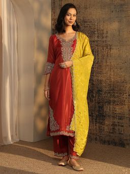 Libas Art - Rust Floral Embellished Straight Kurta with Pant & Dupatta