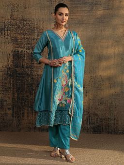 Libas - Blue Floral Embroidered A-Line Kurta with Pant with Printed Dupatta