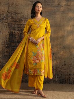 Libas - Yellow Floral Embroidered Straight Kurta with Pant & Dupatta