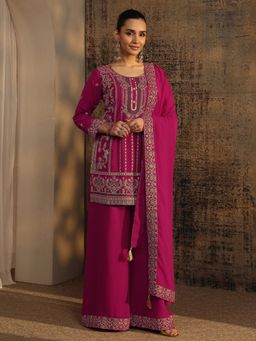 Libas Art - Pink Embroidered Short Kurta with Palazzo with Embellished Dupatta