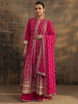 Libas Art - Pink Embroidered Front Slit A-Line Kurta with Solid Palazzo and Dupatta