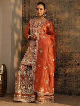 Libas Art - Rust Embroidered Kurta with Embroidered Wide Leg Palazzo and Dupatta