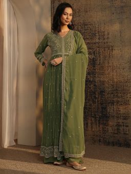 Libas Art - Green Floral Zari Embroidered A-Line Kurta with Palazzo and Dupatta