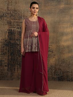 Libas - Red Embroidered Front Slit Kurti with Solid Palazzo and Solid Dupatta