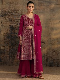 Libas Art - Pink Floral Zari Embroidered A-Line Kurta with Palazzo & Dupatta