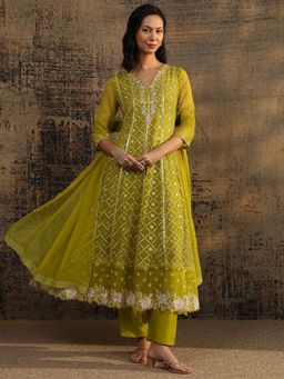 Libas - Green Floral Embroidered Anarkali Kurta with Pant and Dupatta