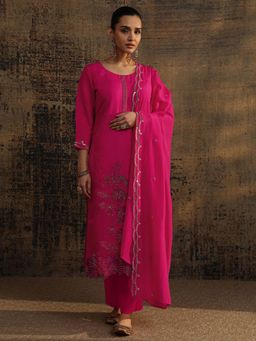 Libas - Pink Floral Beads Embroidered Kurta with Solid Pant and Embroidered Dupatta