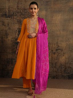 Libas Art - Orange Yoke Design Kurta with Solid Pant and Bandhani Printed Dupatta