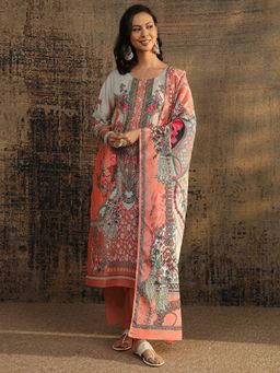 Libas - Peach Floral Printed Straight Kurta with Solid Pant and Floral Printed Dupatta