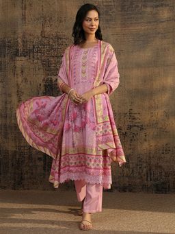 Libas - Lavender Floral Printed Panelled A-Line Kurta with Pant and Printed Dupatta