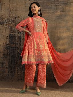 Libas - Rust Printed Kurta with Printed Palazzo and Solid Chiffon Dupatta