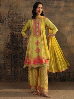 Libas - Olive Green Floral Printed A-Line Kurta with Printed Palazzo & Dupatta