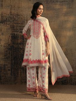 Libas - Off White Floral Printed A-Line Kurta with Printed Palazzo & Dupatta