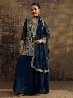 Libas - Blue Embellished Short Kurta with Solid Palazzo and Dupatta