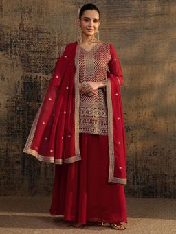 Libas - Red Embellished Short Kurta with Palazzo and Embroidered Dupatta