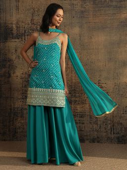 Libas - Blue Bandhani Printed Zari Embellished Short Kurta with Palazzo and Dupatta