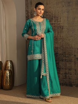 Libas Art - Blue Zari Embroidered Short Kurta with Palazzo and Solid Dupatta