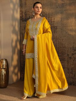 Libas Art - Mustard Zari Embroidered Short Kurta with Palazzo and Solid Dupatta