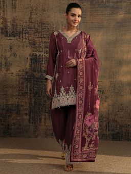 Libas Art - Maroon Embellished Short Kurta with Palazzo and Dupatta