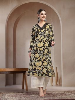 Stylum - Women's Black Floral Printed Cotton Straight Kurta