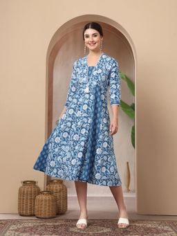 Stylum - Women's Blue Floral Printed Cotton Flared Kurta
