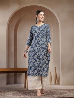 Stylum - Women's Blue Floral Printed Cotton Straight Kurta
