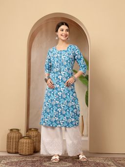 Stylum - Women's Blue Floral Printed Cotton Straight Kurta