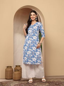 Stylum - Women's Blue Floral Printed Cotton Straight Kurta