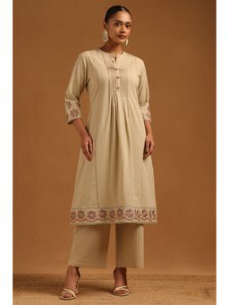 Soch - Women's Beige Cotton Flex Kantha Embroidered Kurta & Pant