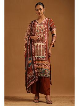 Soch - Women's Rust Crepe Botanical Kurta and Palazzo with Dupatta