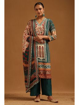 Soch - Women's Teal Crepe Botanical Kurta and Palazzo with Dupatta