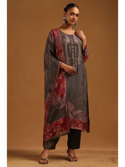 Soch - Women's Charcoal Muslin Paisley Printed Kurta and Pant with Dupatta