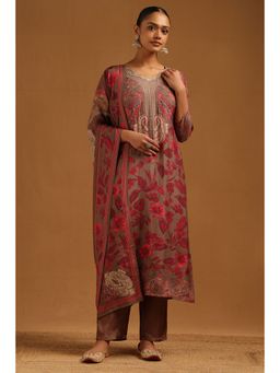 Soch - Women's Earth Muslin Floral Embroidered Kurta and Pant with Dupatta