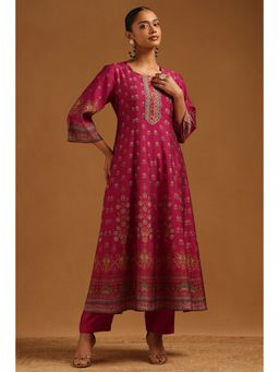 Soch - Women's Fuchsia Muslin Floral Kurta and Pant