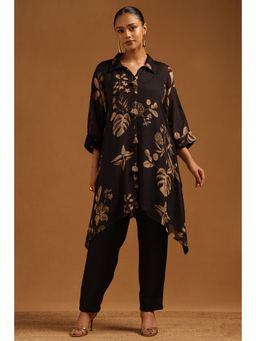 Soch - Women's Black Chinon Botanical Printed Kaftan & Pant