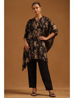 Soch - Women's Black Chinon Floral Printed Kaftan with Inner and Pant