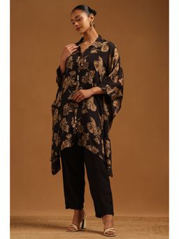 Soch - Women's Black Chinon Floral Printed Kaftan with Inner and Pant