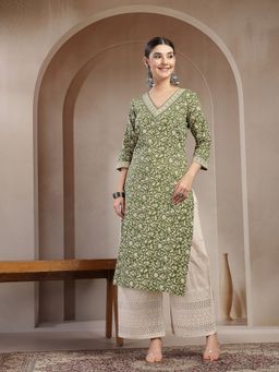 Stylum - Women's Green Printed Cotton Straight Kurta