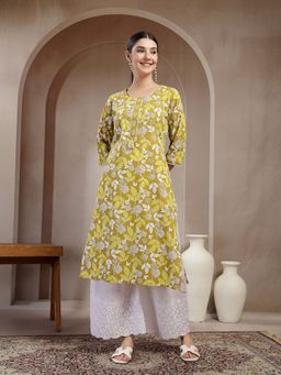 Stylum - Women's Green Floral Printed Cotton Straight Kurta