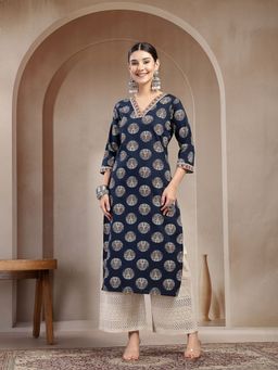 Stylum - Women's Indigo Block Printed Cotton Straight Kurta