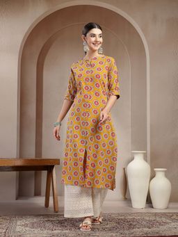 Stylum - Women's Mustard Printed Cotton A-Line Kurta